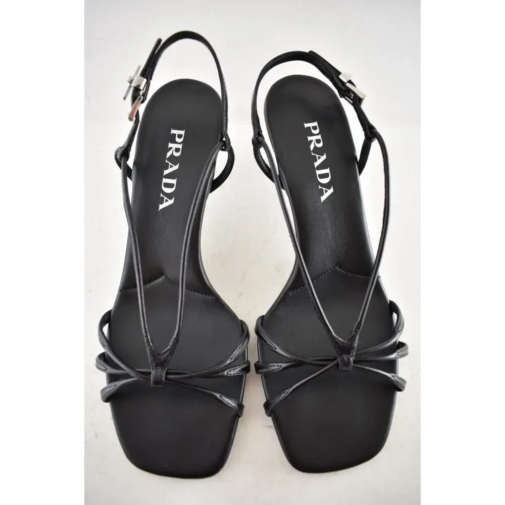 Prada Capretto Strappy 55mm Black Leather Slingback Sandal Mule Kitten Heel 38.5 - Picture 10 of 16
